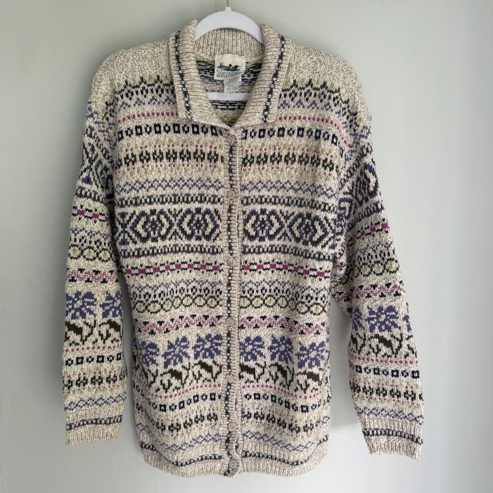 VTG Northern Reflections Cardigan Sweater Oatmeal Fair Isle Wool Cotton Large
